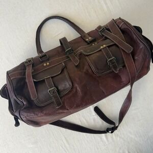 Vintage Dark Brown Leather Duffel Bag Travel Weekender Buckle Pockets